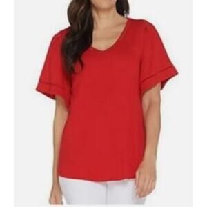 Halston Knit Crepe V-Neck Top Flutter Sleeves Red L New A311460